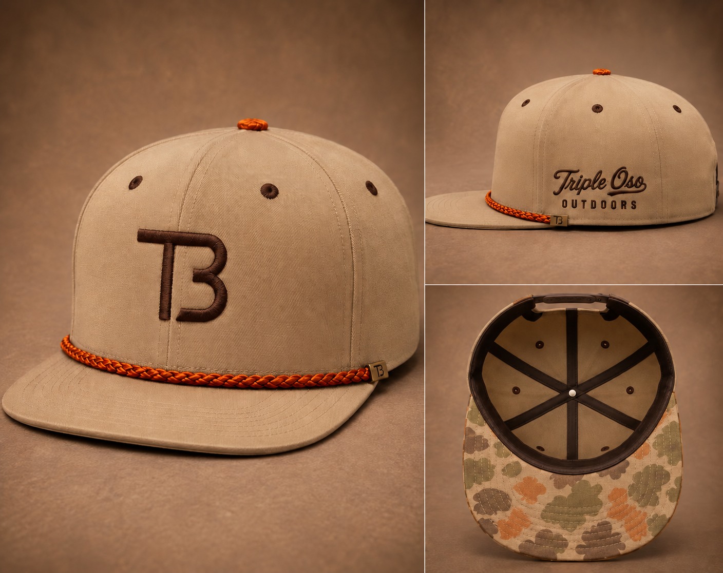 Design preview of a tan Triple Oso cap with dark brown front and side embroidery, brown eyelets, orange rope, and a vintage camo underbrim.